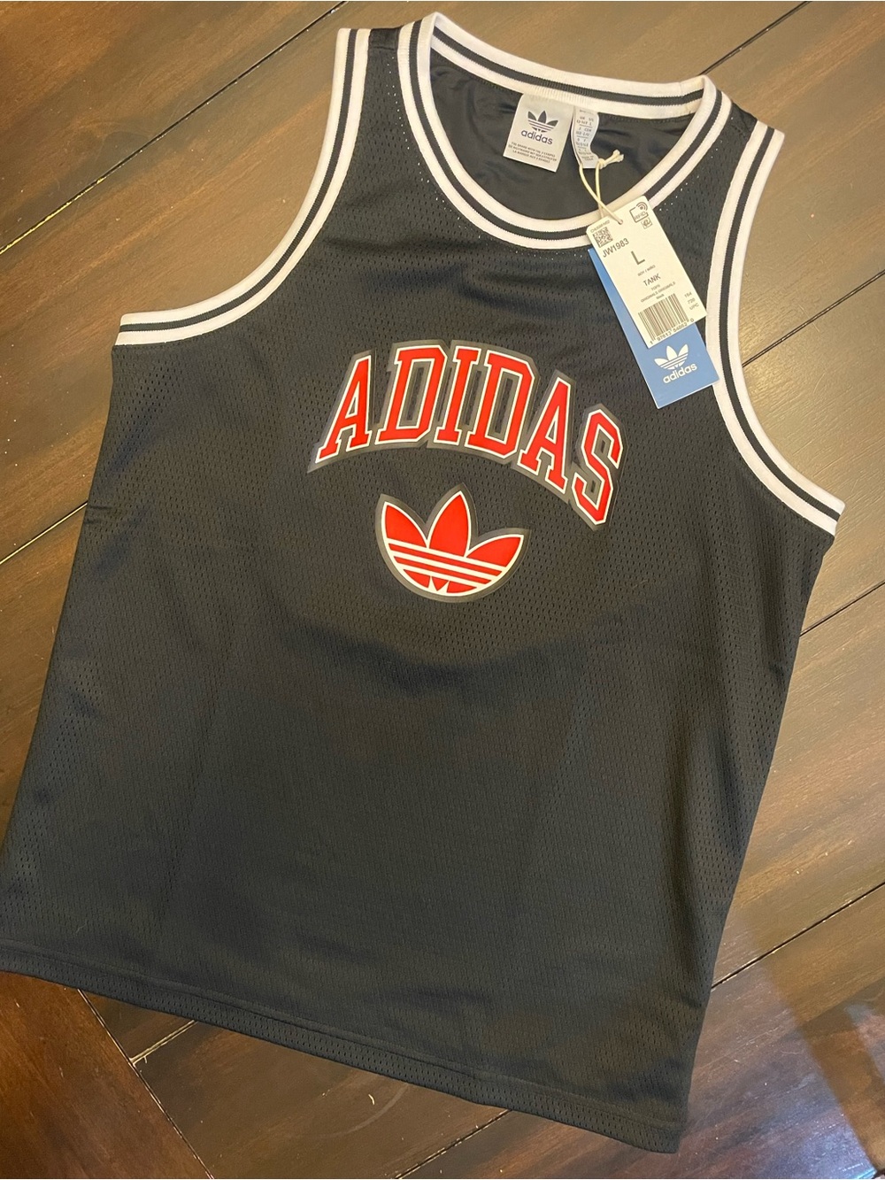 adidas Black Mesh Tank Top with White Trim and Red Logo